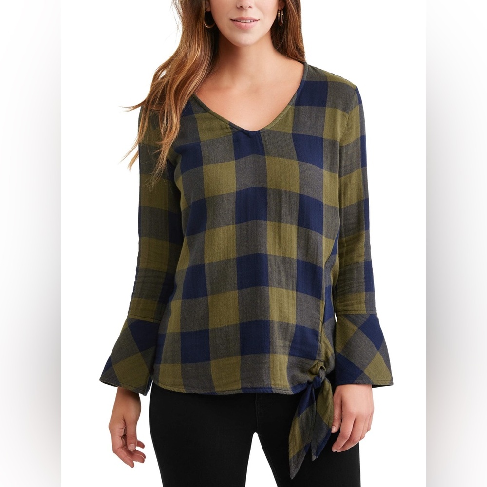 Anthropologie Cloth & Stone Plaid Gauzy V-Neck Blouse